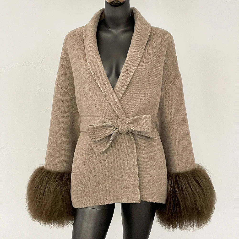 High End Double-sided Wool Strapping Real Wool Fur Coat Women's Removable Cuffs Fox Fur Temperament Cashmere Short Jacket