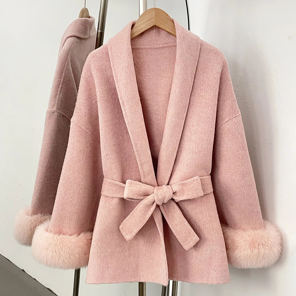 High End Double-sided Wool Strapping Real Wool Fur Coat Women's Removable Cuffs Fox Fur Temperament Cashmere Short Jacket