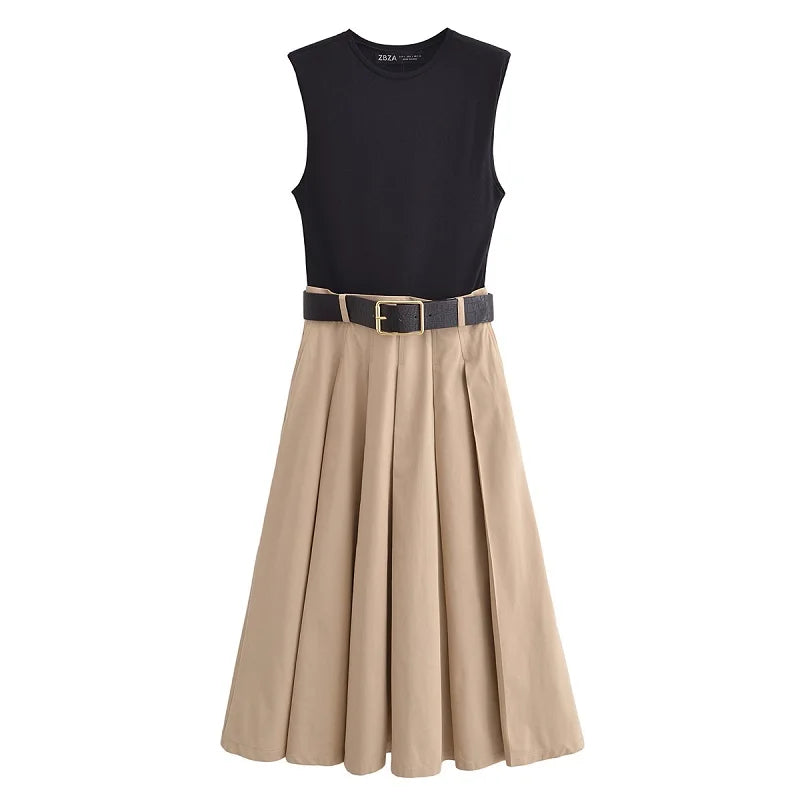 Belt Pleated Midi Dress Knitted