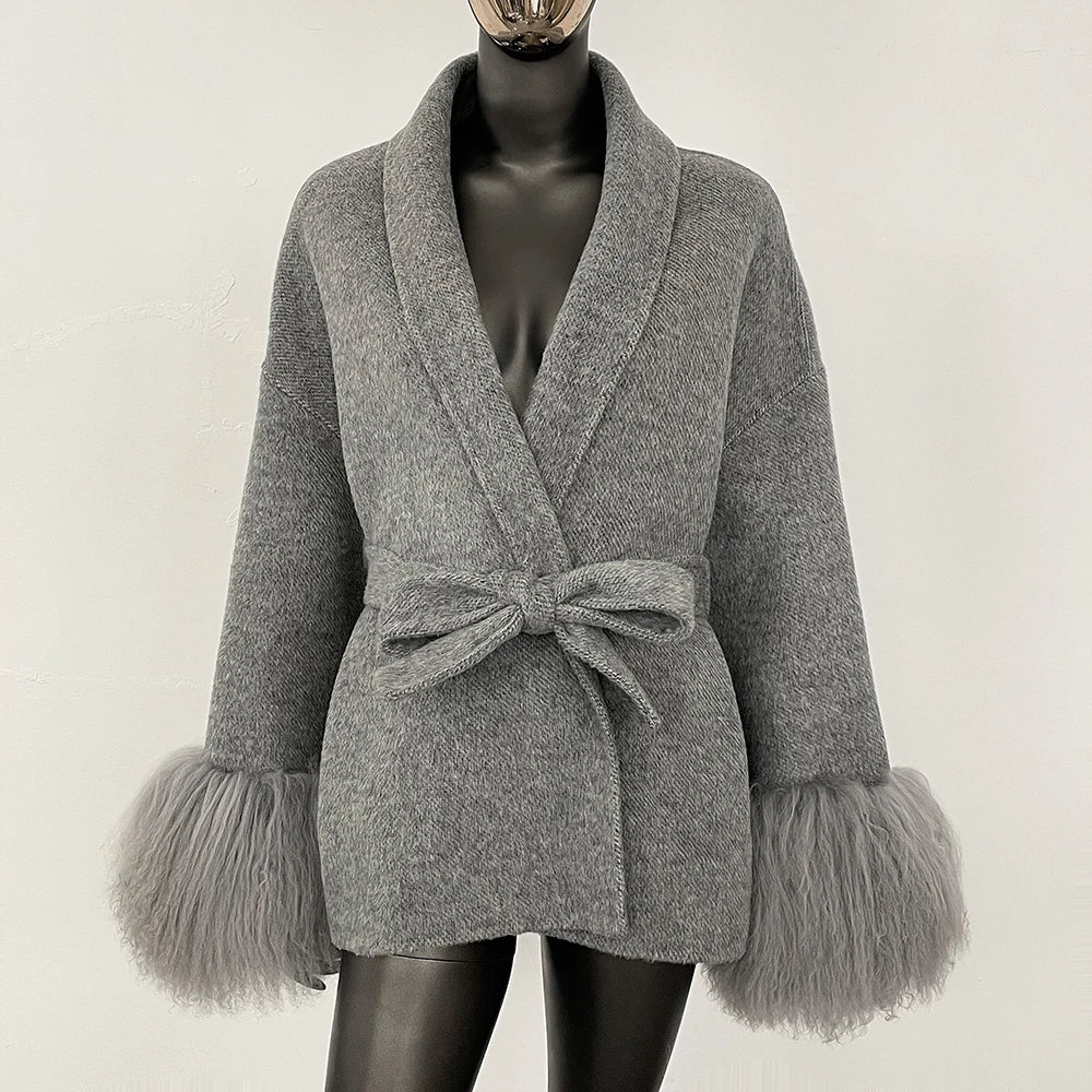 High End Double-sided Wool Strapping Real Wool Fur Coat Women's Removable Cuffs Fox Fur Temperament Cashmere Short Jacket