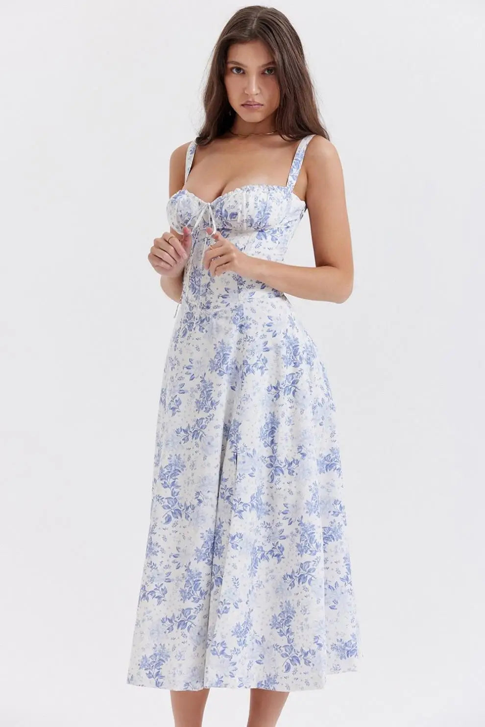 Floral Print Corset Midi Dress High Waist