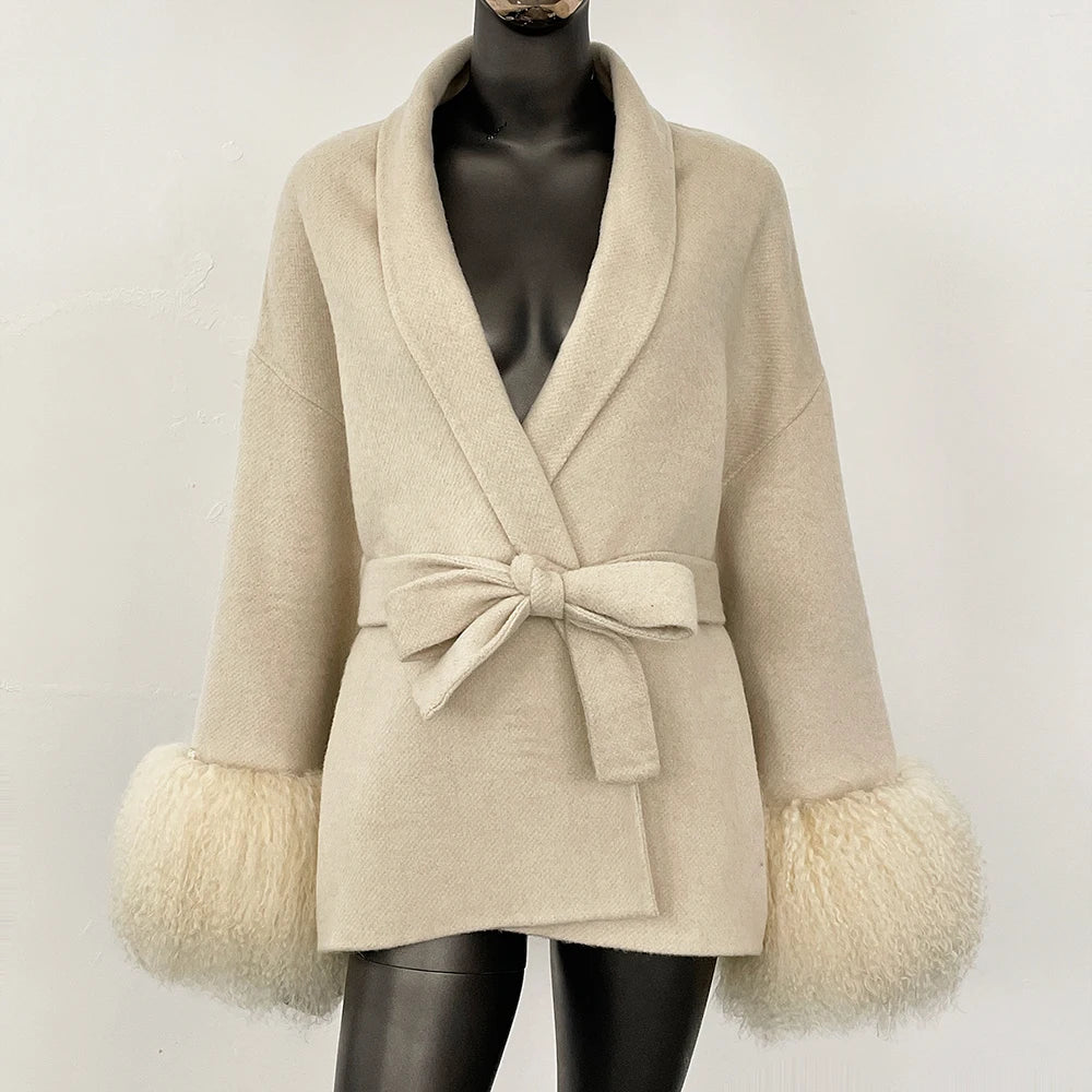 High End Double-sided Wool Strapping Real Wool Fur Coat Women's Removable Cuffs Fox Fur Temperament Cashmere Short Jacket