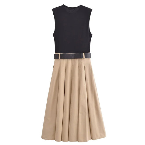 Belt Pleated Midi Dress Knitted
